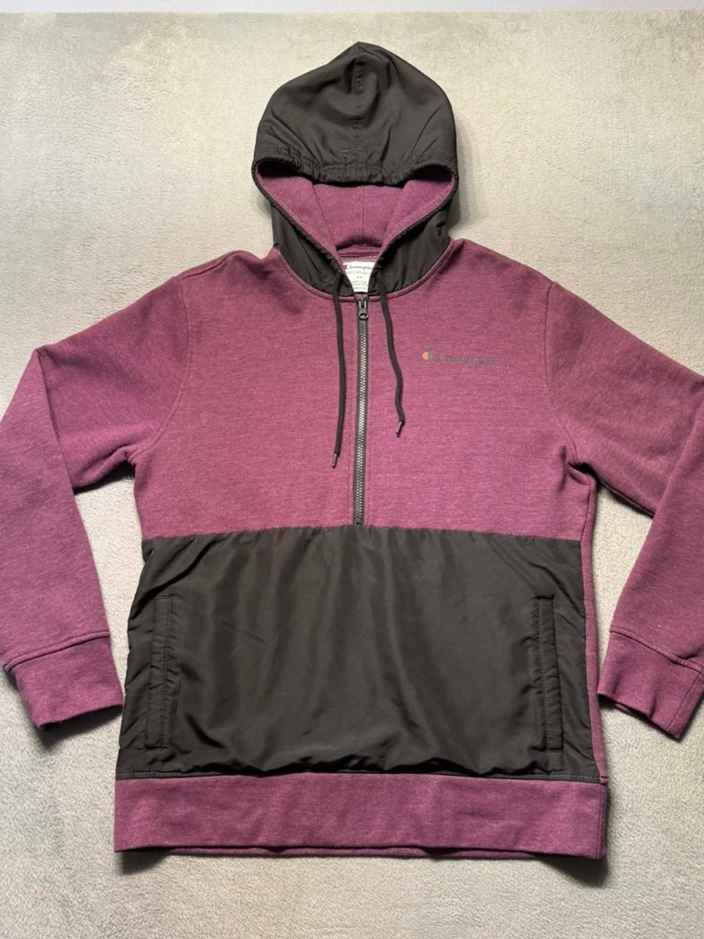 Champion Womens Medium Hoodie Purple Black Colorblock Half Zip Athleisure EUC